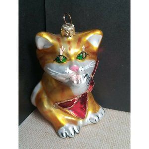 Kurt S. Adler Green Eyes Kitty Cat Blown Glass Christmas Ornament Cleaning Paw